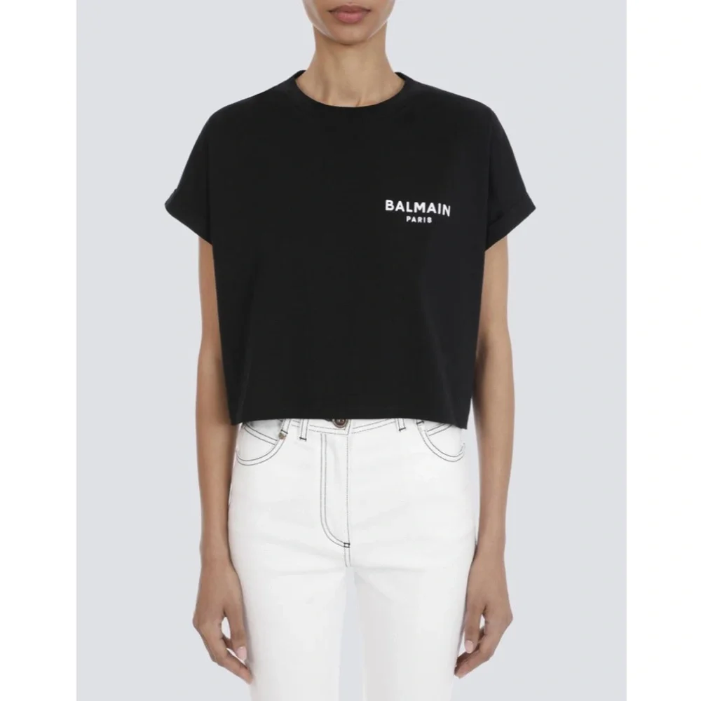 Balmain Cropped Eco-Designed Cotton T-Shirt Tee Flocked Logo Black XL NWT - Picture 1 of 14
